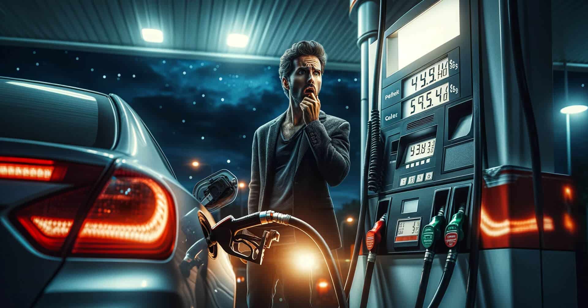 A man is filling up his automotive at a gas station at night.