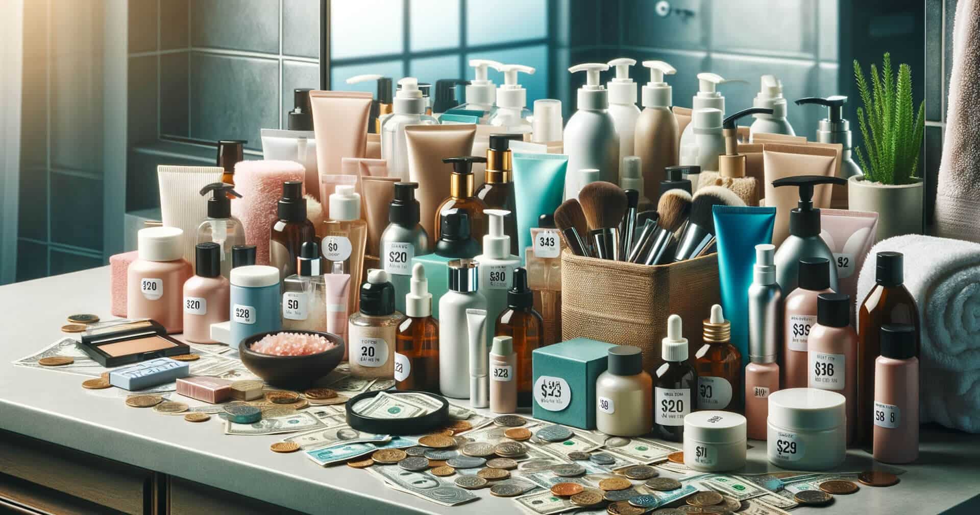 Beauty & Personal Care products on a counter in a bathroom.