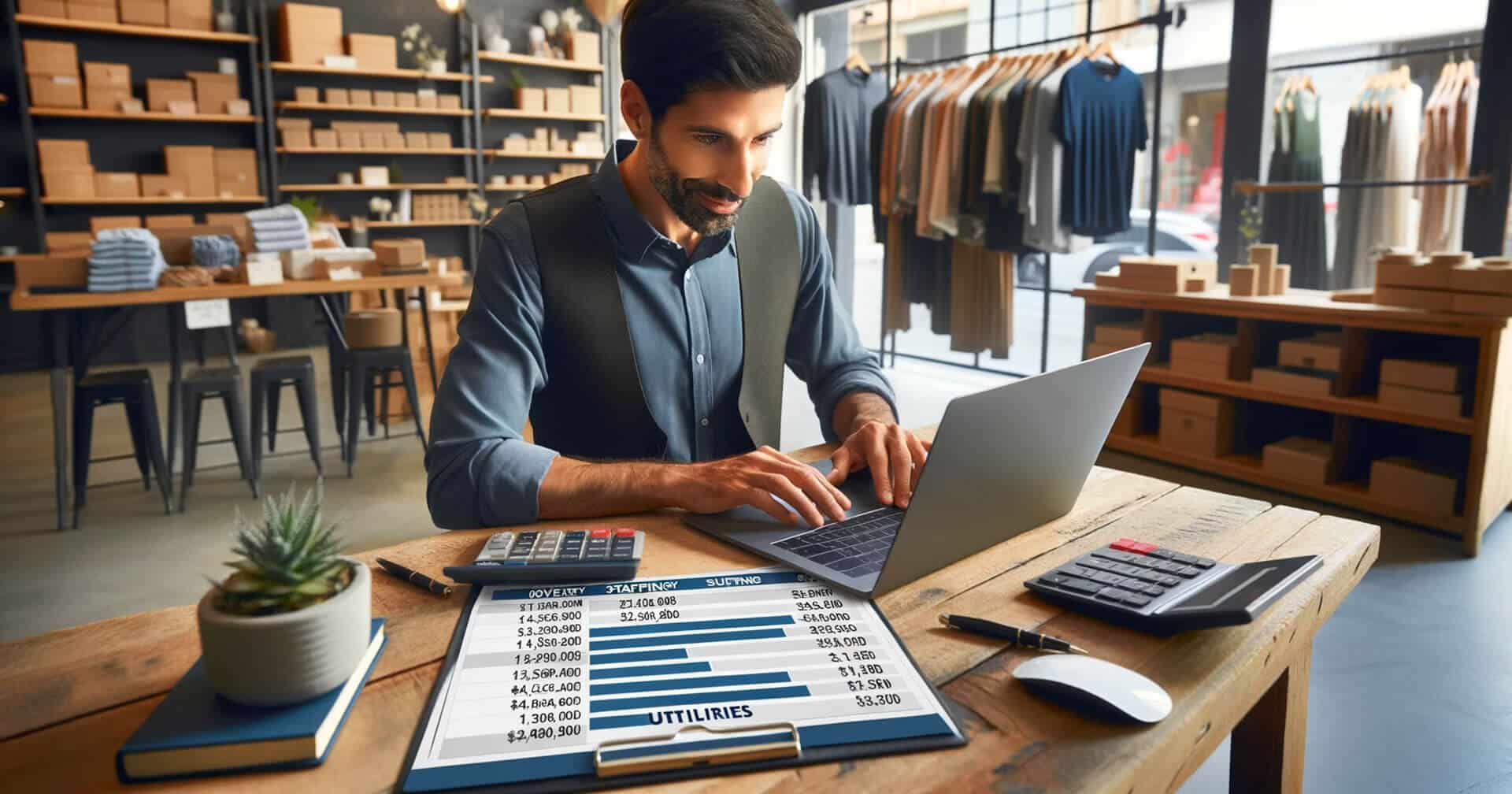 A man efficiently working on a laptop, managing business tasks and keeping track of costs in a store.