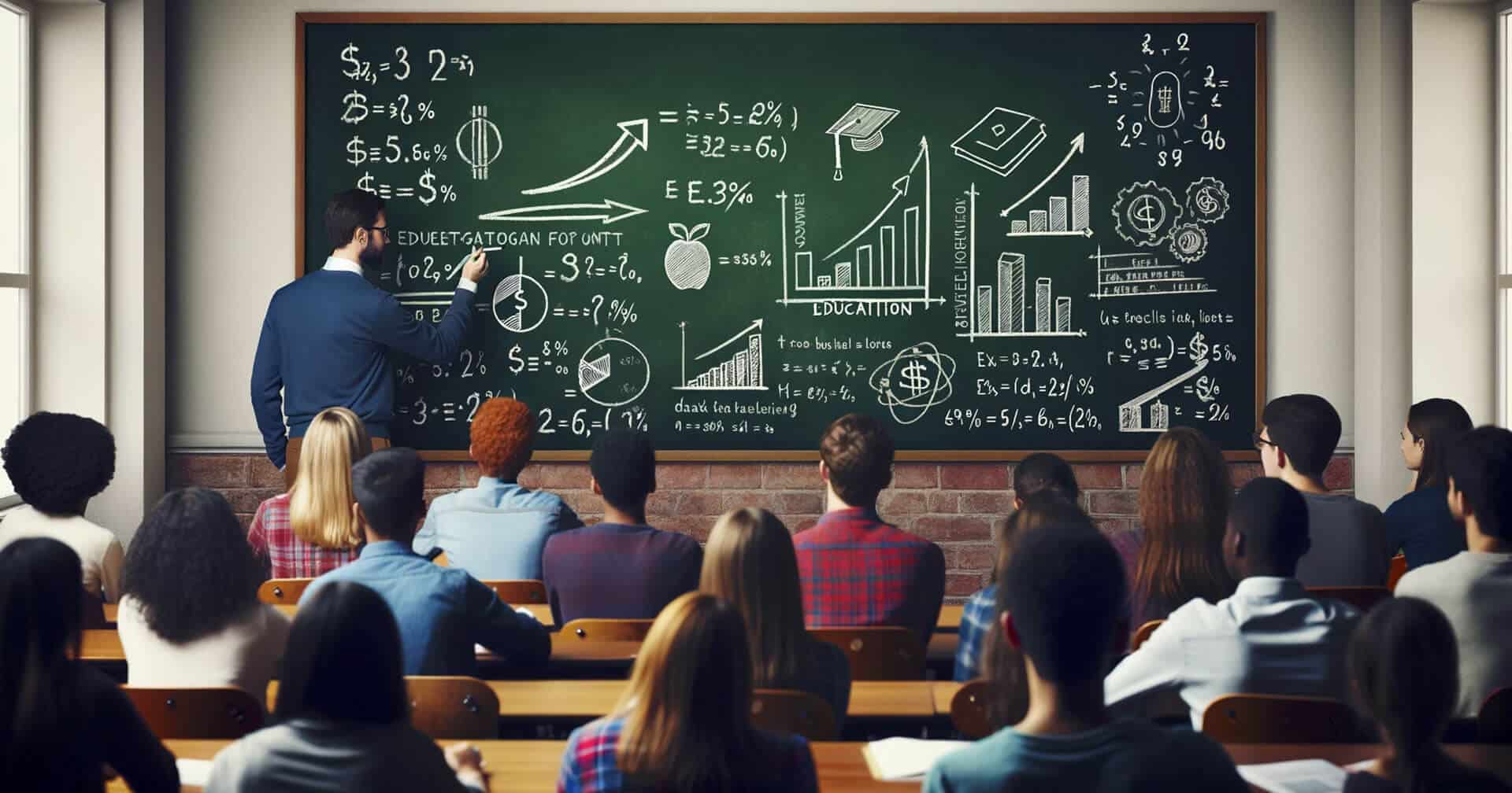 A group of people discussing the costs of education and careers while sitting in front of a chalkboard.