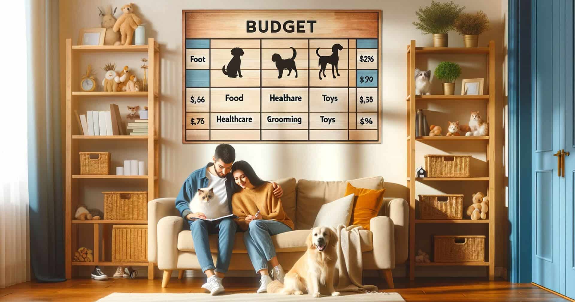 A couple sits on a couch next to a cost of pets board.