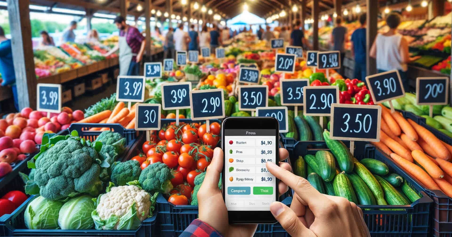 A person holding a smartphone in front of a vibrant market filled with fresh vegetables.