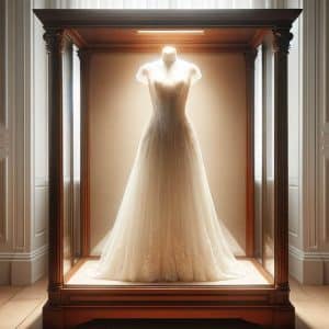 A wedding dress, impeccably preserved, is displayed in a glass case.