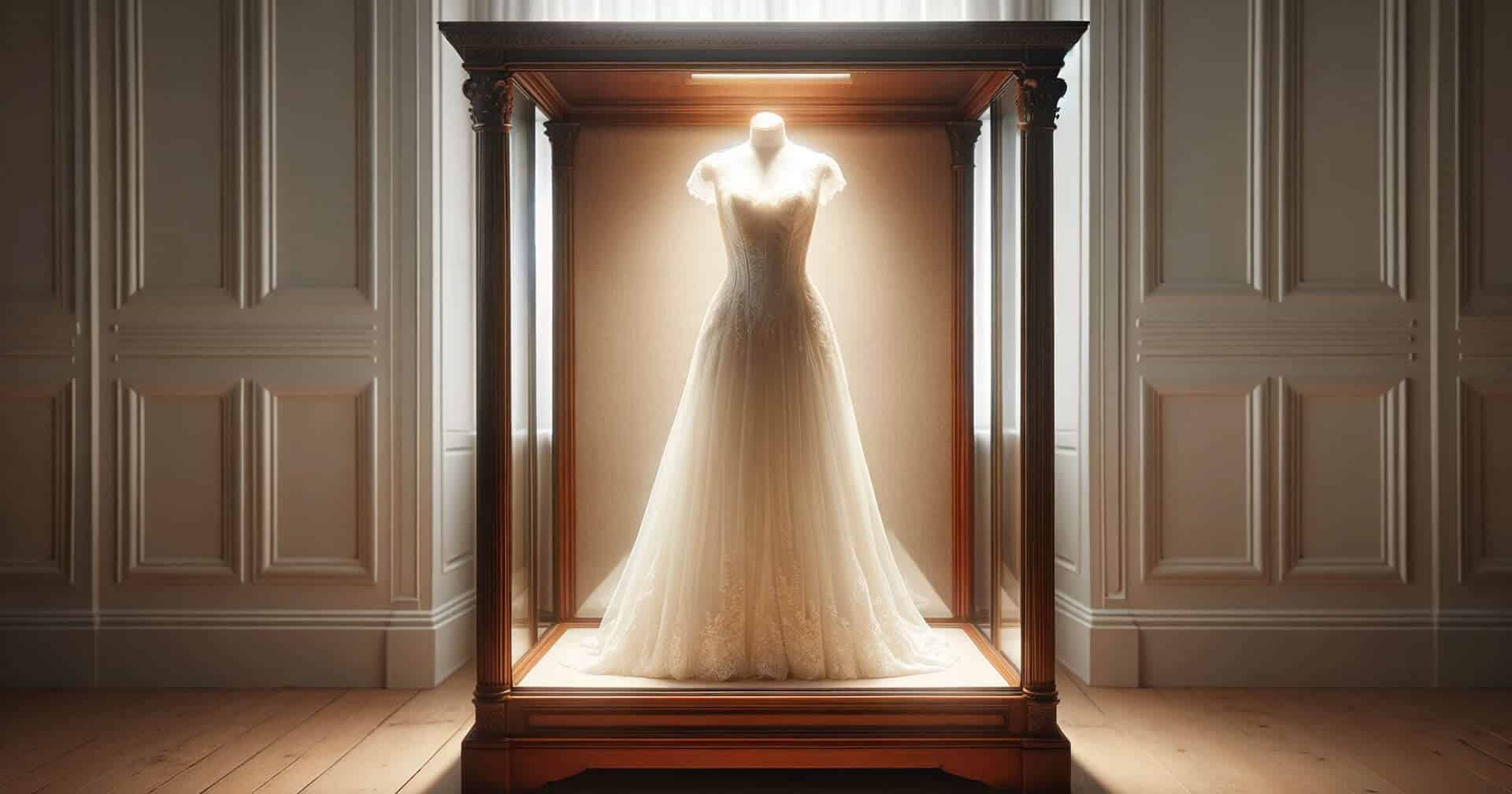 A wedding dress, impeccably preserved, is displayed in a glass case.