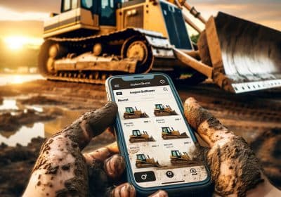 A person holding a smartphone with a bulldozer in the background, wondering about the cost of renting a bulldozer.