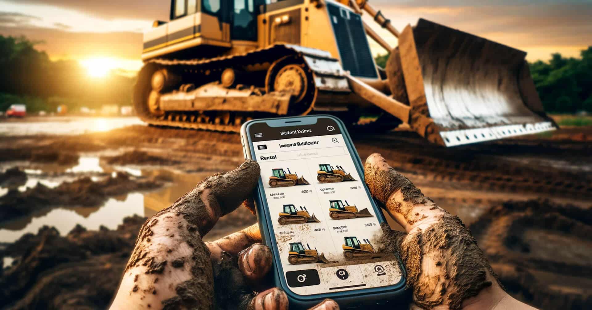 A person holding a smartphone with a bulldozer in the background, wondering about the cost of renting a bulldozer.