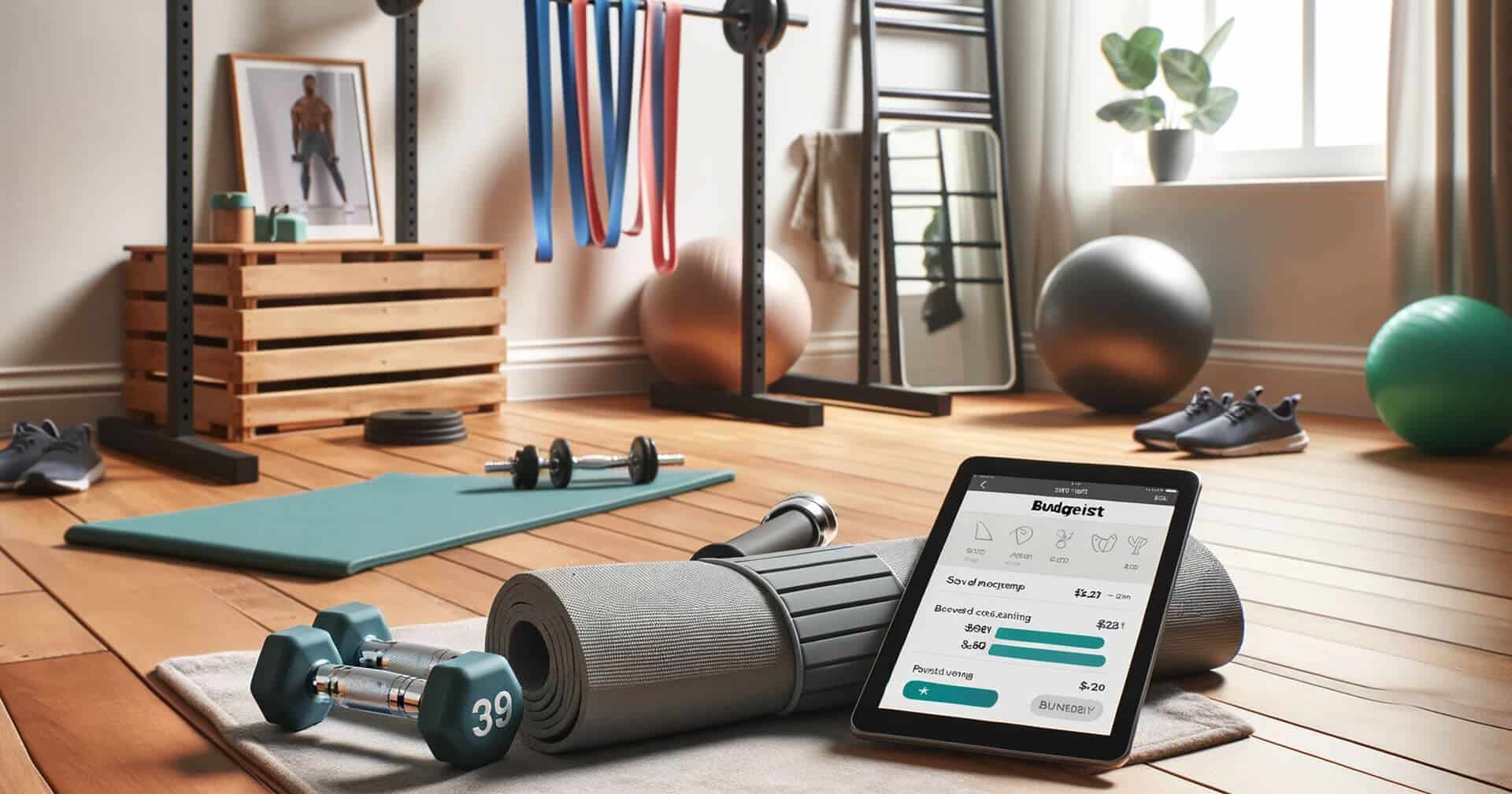 A gym room with a tablet for Sports & Fitness activities and dumbbells on the floor.