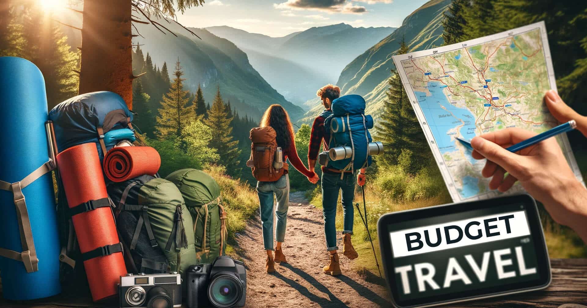 Travel and leisure on a budget, exploring with backpacks and a map.