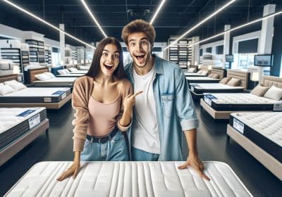 Two people posing for a picture in a mattress store, comparing twin mattress cost.