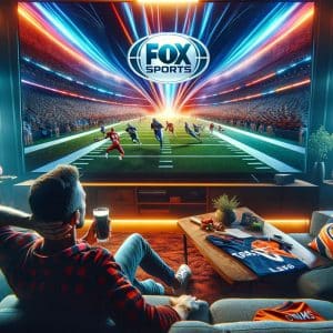 A man sitting on a couch watching a football game on Fox Sports.