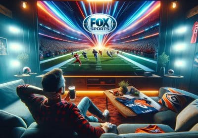 A man sitting on a couch watching a football game on Fox Sports.