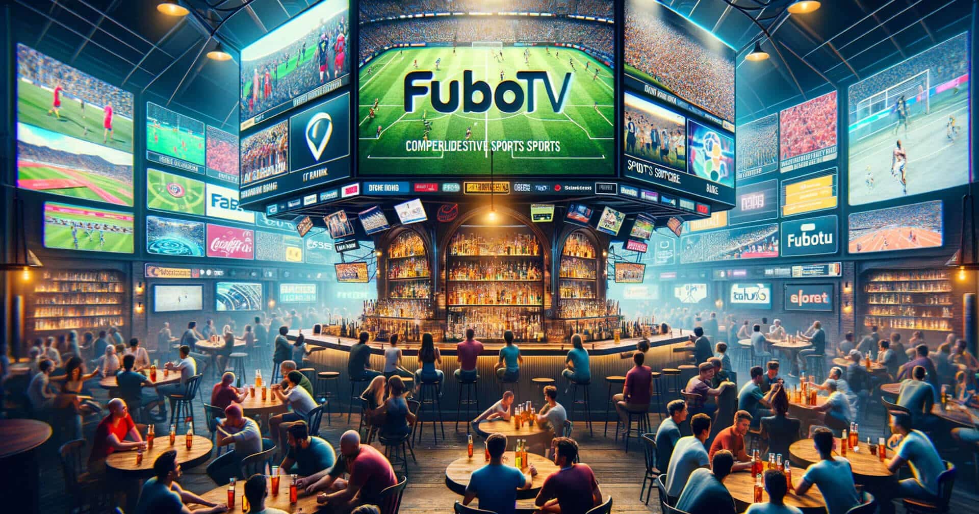 Fubo tv is a sports bar with many people sitting at tables.