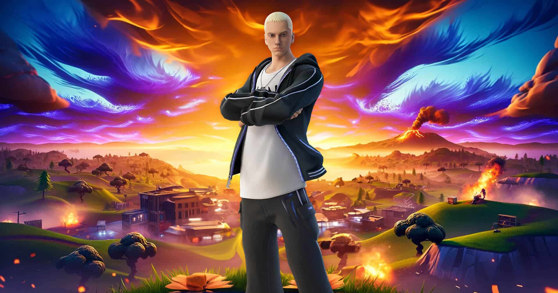 A Eminem character standing on top of a hill with a fire in the background, overlooking the breathtaking Fortnite scenery.