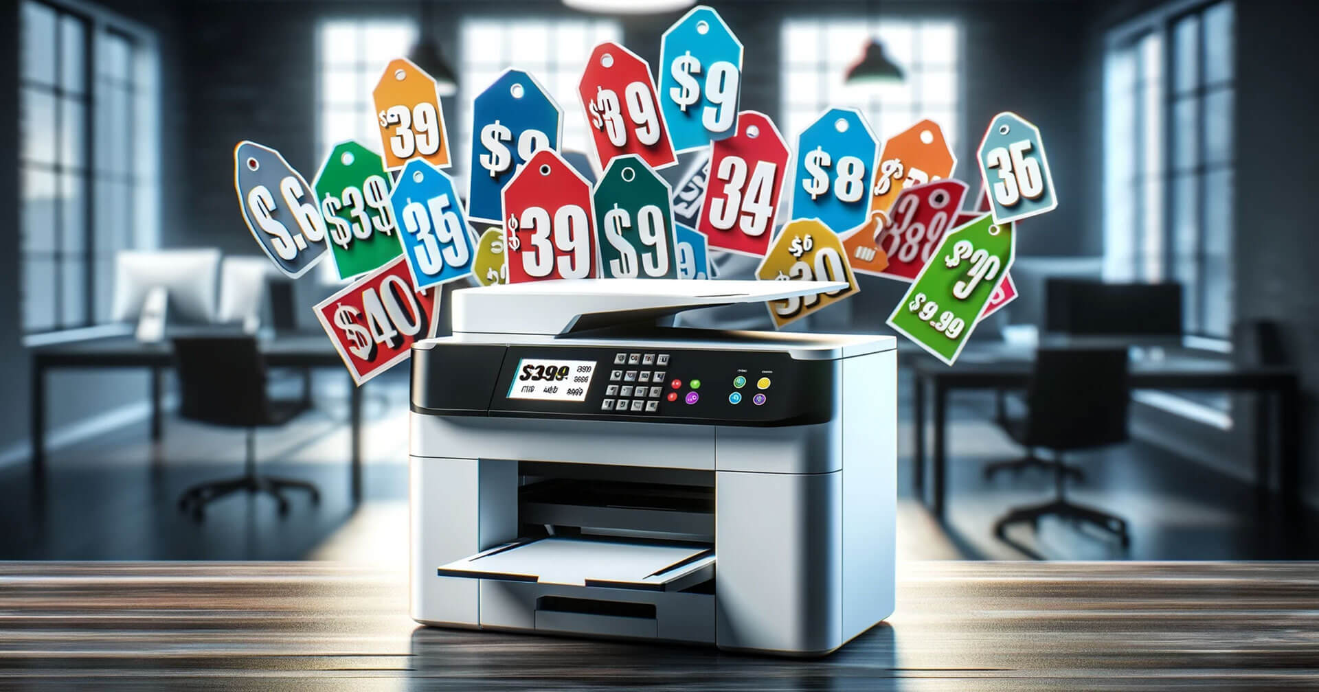 A printer with various price tags on it, showcasing the range of printer cost options available.