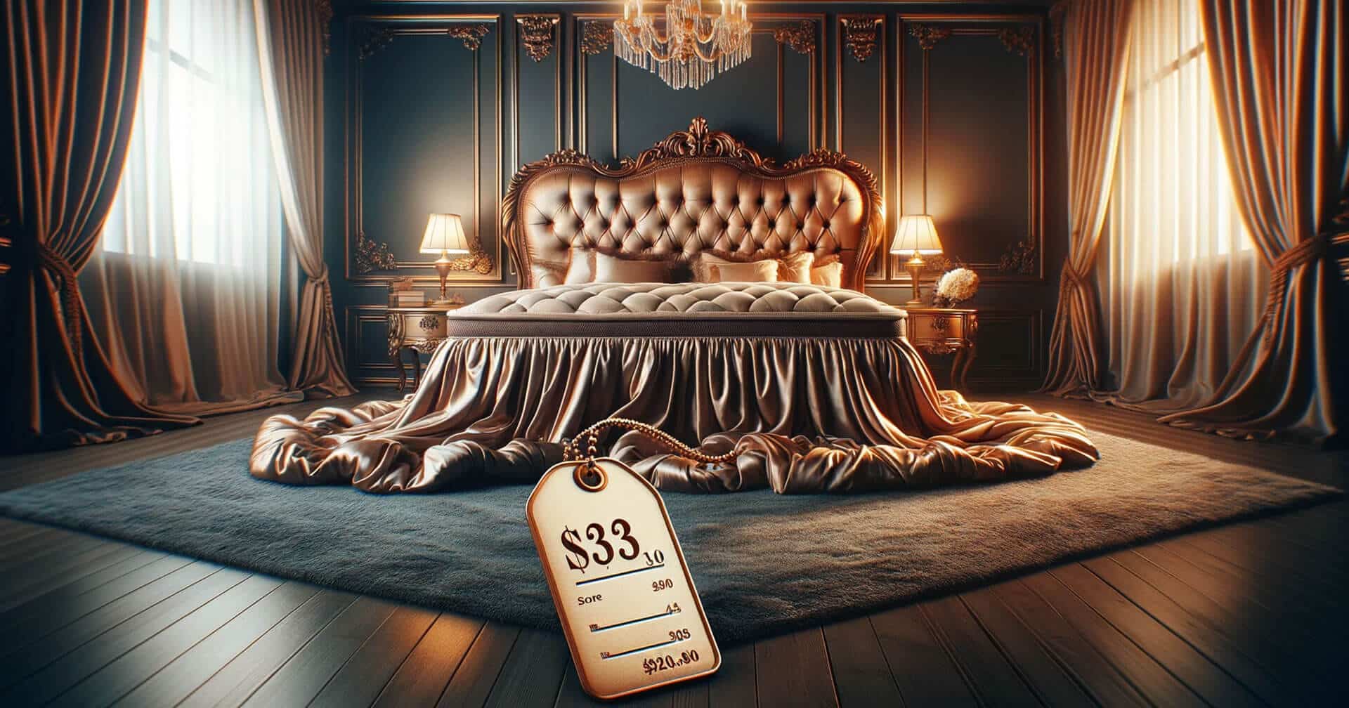 A queen bed with a tag on it.